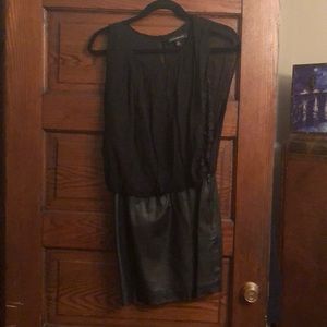 Faux leather, lace, beaded cocktail dress